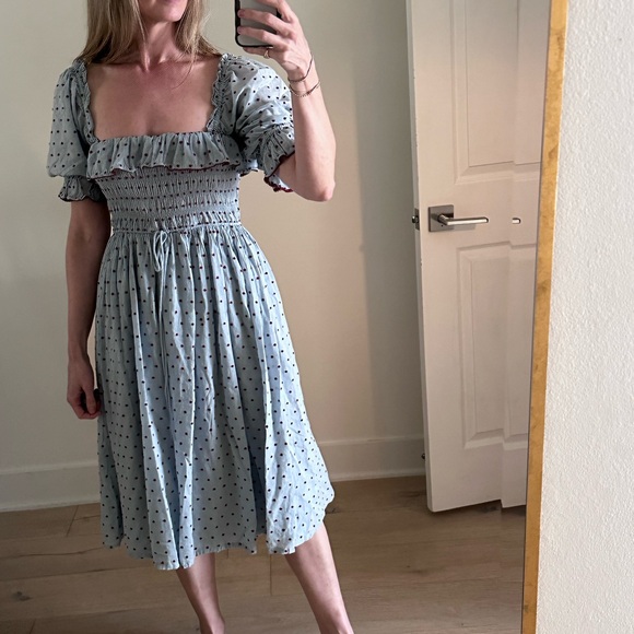 DOEN Sol Dress Blue Red Polka Dot Ruffle Midi Maxi - Picture 9 of 9